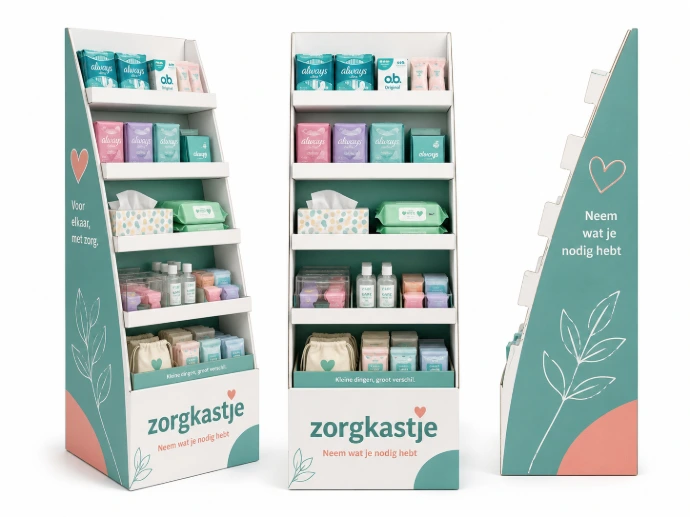 Voorbeeld van het Jij.life zorgkastje met menstruatieproducten en noodpakketjes